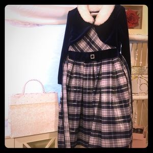 navy blue plaid dress and  jacket with fur collar